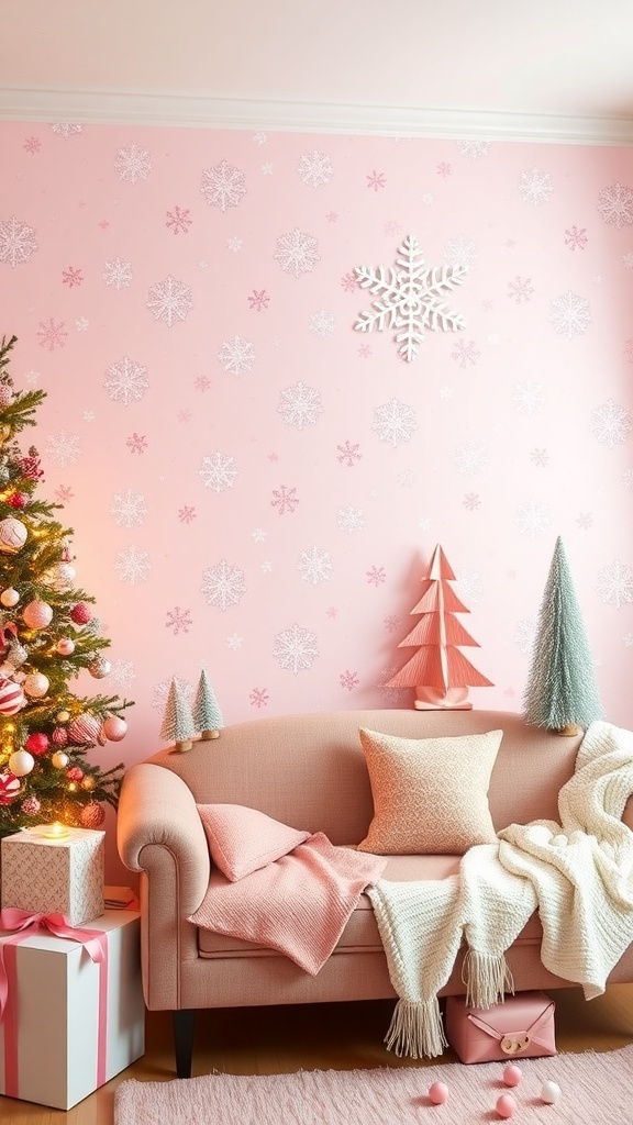 Pastel pink Christmas wallpaper with snowflakes and trees in a cozy decorated room.